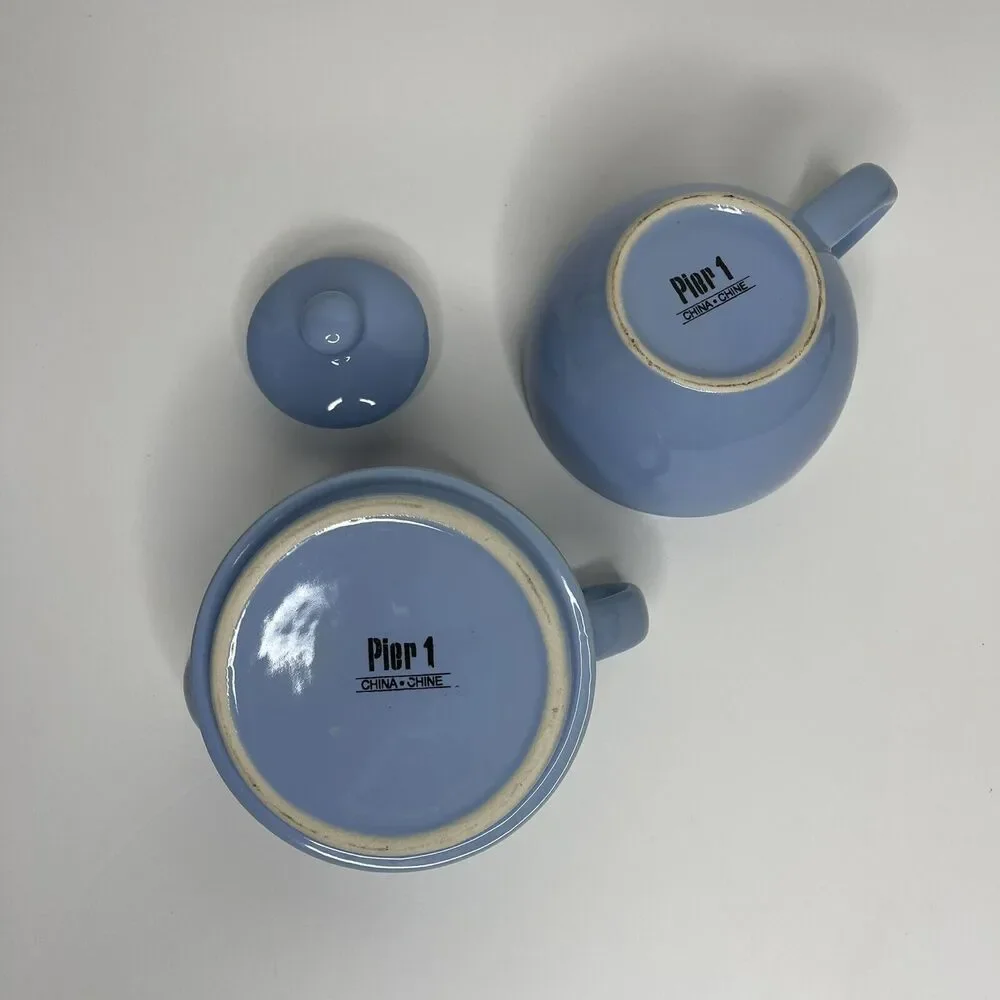 Pier 1 Imports Stoneware Blue Stack-able Teapot & Cup OR‎ Creamer & Sugar